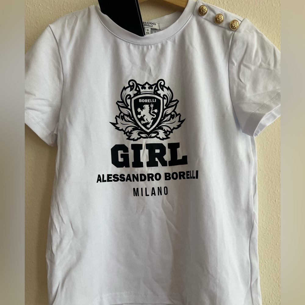 NWT Alessandro Borelli Milano Girl White Kids Size 11 / 146 Shirt Gold Button